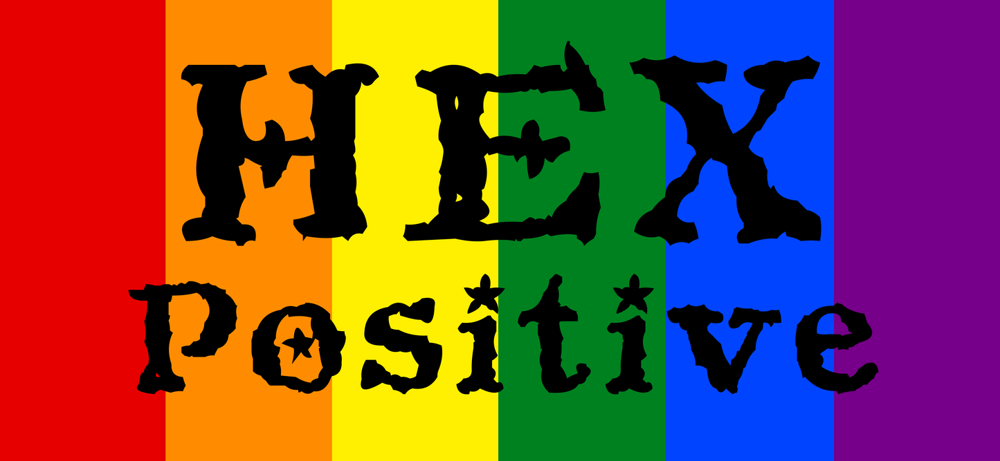 Hex Positive logo, black text on rainbow stripe background